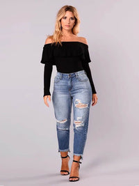 Dames onregelmatig gescheurde mid-rise jeans