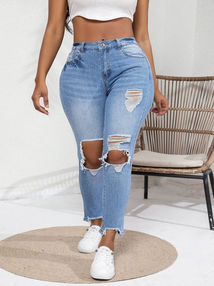 Women's Irregular Ripped Mid-rise Tight Jeans