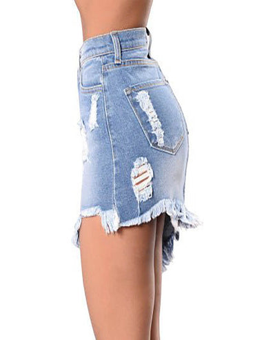 Women's Washed With Ripped Irregular Hem Denim Skirt