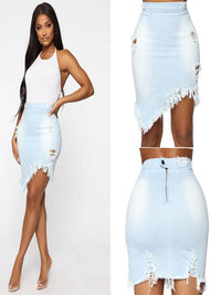 Women's Washed With Ripped Irregular Hem Denim Skirt