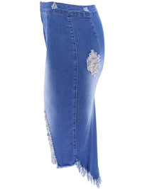 Dames gewassen denim rok met gescheurde onregelmatige zoom