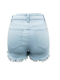 Bleach Washed High Waist Five Buttons Tassel Denim Shorts - Thingy-London