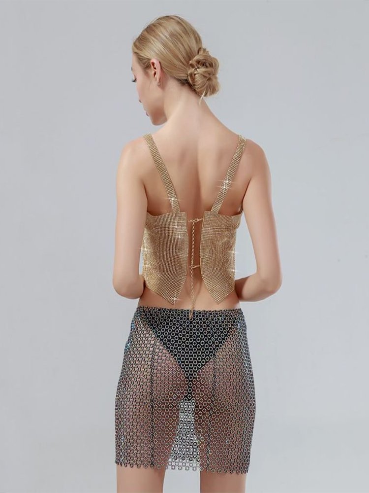 Bling Rhinestones Fashion Solid Backless Straps Full Diamonds Sequins Tank Top - Thingy-London