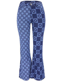 Blue Denim Printed Stretch Woven Flared Trousers - Thingy-London