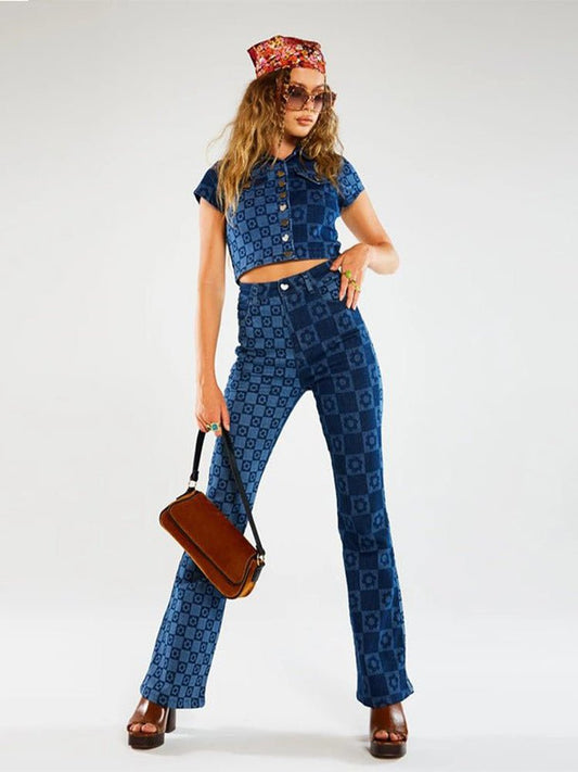 Blue Denim Printed Stretch Woven Flared Trousers - Thingy-London
