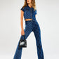 Blue Denim Printed Stretch Woven Flared Trousers - Thingy-London