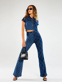 Blue Denim Printed Stretch Woven Flared Trousers - Thingy-London