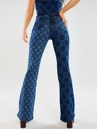 Blue Denim Printed Stretch Woven Flared Trousers - Thingy-London