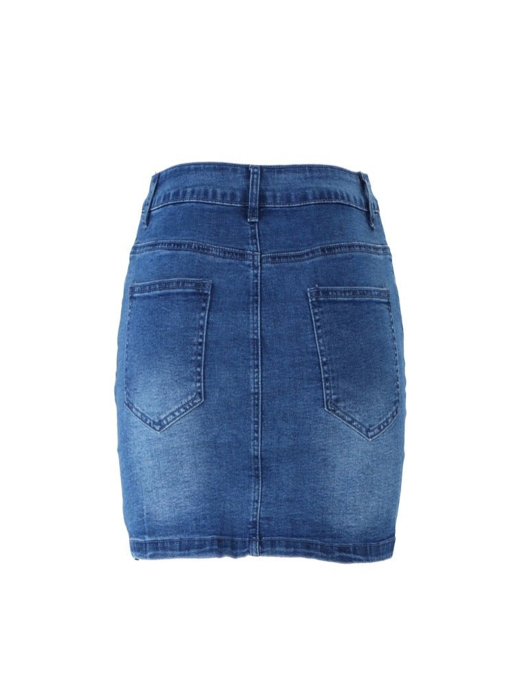 Blue Washed Distressed Front Button Denim Mini Skirt - Thingy-London