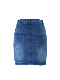 Blue Washed Distressed Front Button Denim Mini Skirt - Thingy-London