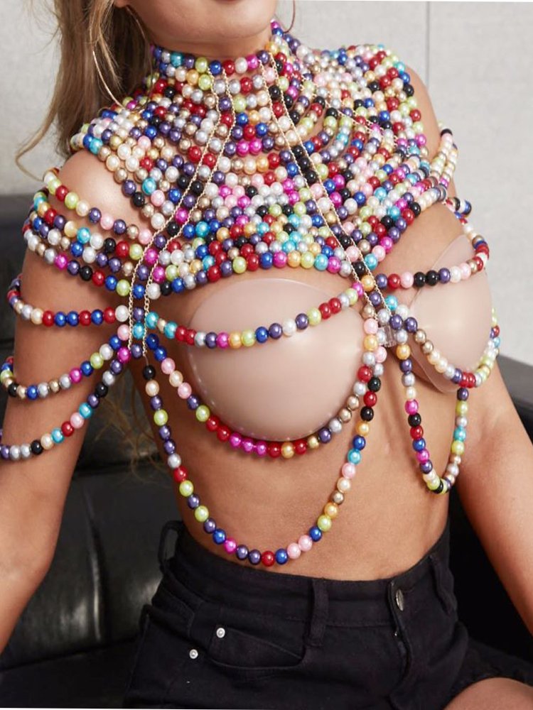 Colorful Pearl Stand Collar Chest Chain Body Chain - Thingy-London