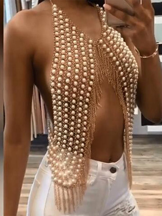 Halter Body Jewelry Pearl Tassel Chest Chain Body Chain - Thingy-London