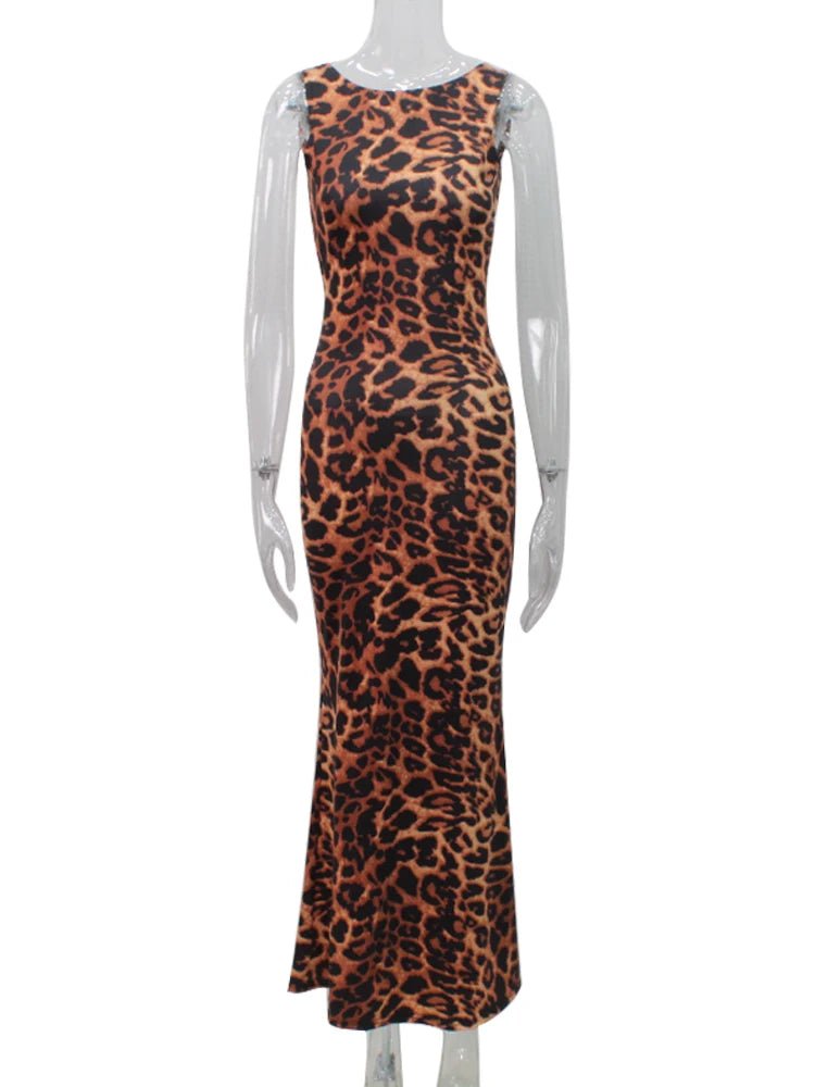 Leopard Print Sleeveless Back Hollow Out Bodycon Dress - Thingy-London