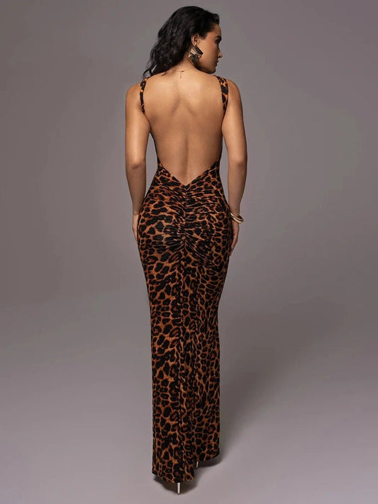 Leopard Print Sleeveless Back Hollow Out Bodycon Dress - Thingy-London