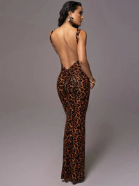 Leopard Print Sleeveless Back Hollow Out Bodycon Dress - Thingy-London