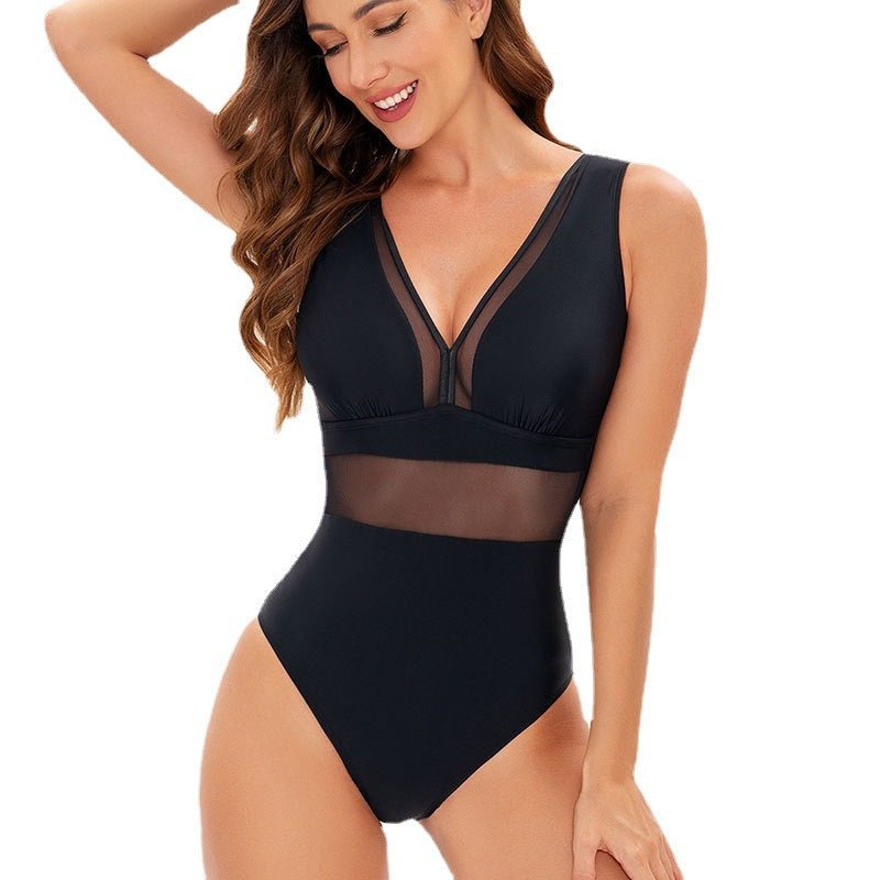 Mesh Swimsuit Solid Color Sexy One-piece Biniki Set - Thingy-London