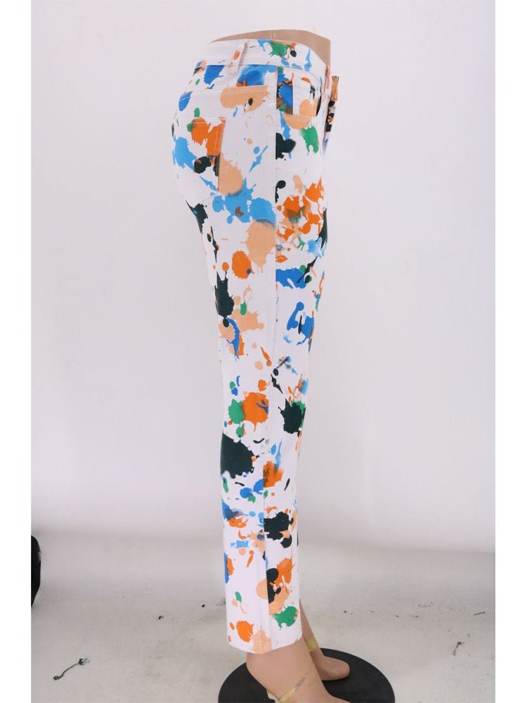 Multi-colored Denim Printed Stretch Woven Straight Trousers - Thingy-London