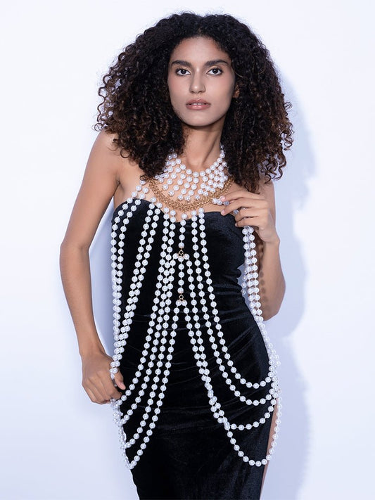New Pearl Shawl Necklaces Punk Style Beaded Collar Long Chain Necklaces - Thingy-London
