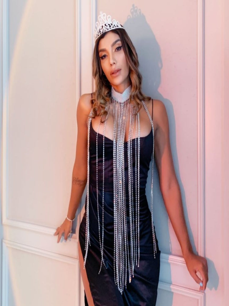 Rhinestone Body Chain Women Crystal Tassel Choker Collar Necklaces Fa Thingy-London Rhinestone Body Chain Women Crystal Tassel Choker Collar Necklaces Fa Thingy-London