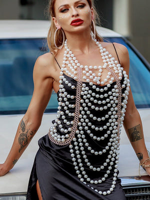 Sexy rückenfreie Perlenbrustkette Retro Perlen geflochtene Perlenschal-Körperkette
