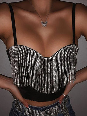 Sexy Clubwear Crop Tops mit Diamant-Quaste, ärmellose Bralette-Tops 