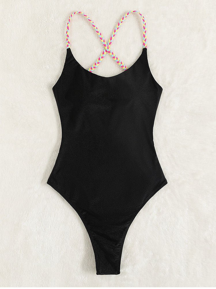 Solid Color Halter Neck Backless One Piece Bikini Swimsuit - Thingy-London