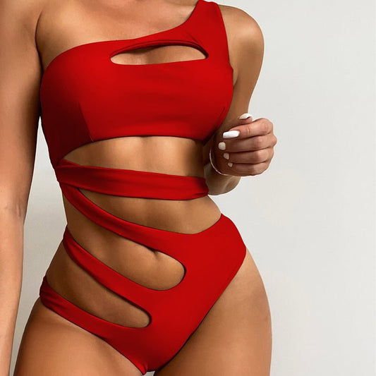 Solid Color One-Shoulder One-Piece Swimsuit - Thingy-London