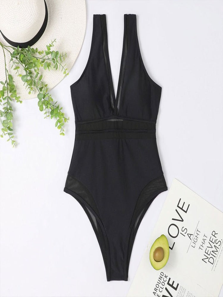 Solid Color Patchwork One Piece Swimsuit - Thingy-London