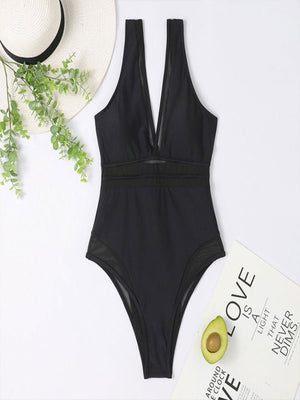Solid Color Patchwork One Piece Swimsuit