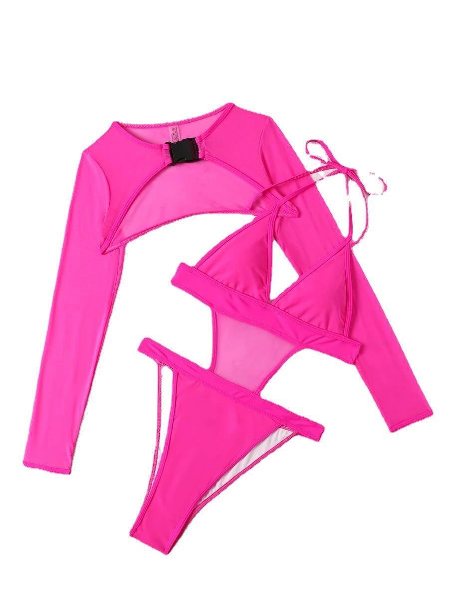 Solid Color Sexy Swimsuit Long-sleeved One Piece Bikini Set - Thingy-London