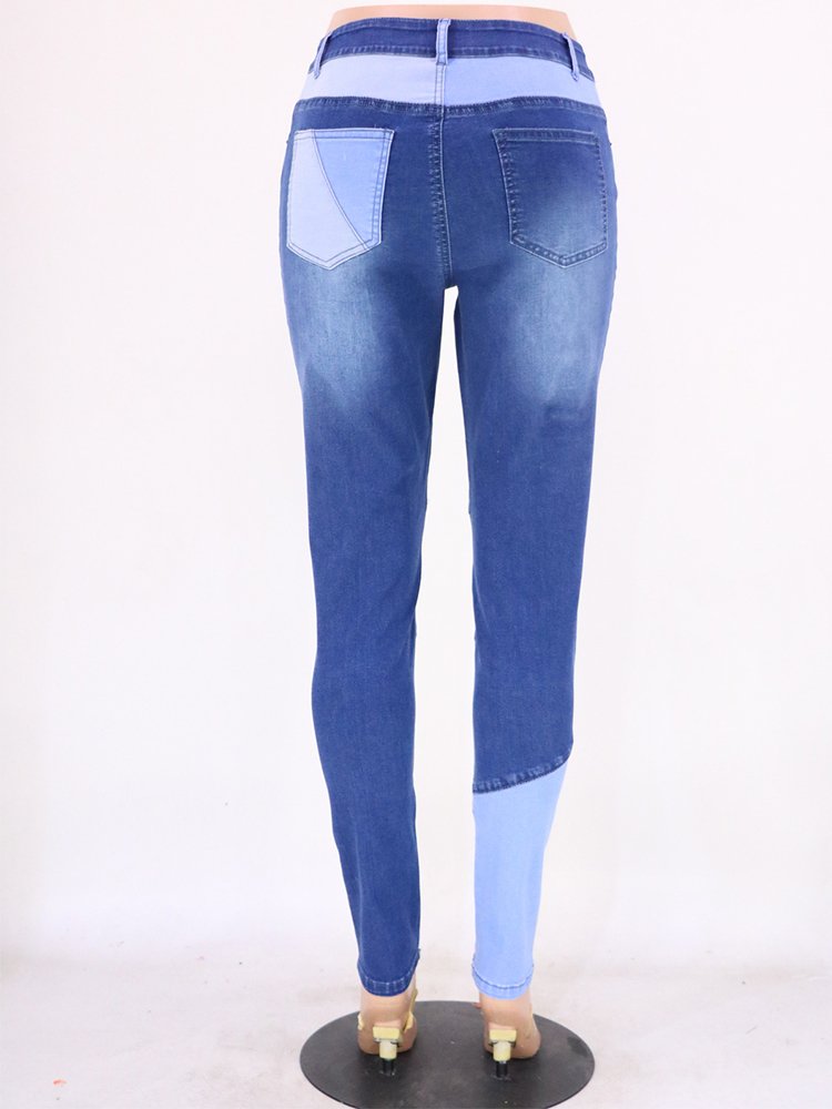 Two-tone Patchwork Hipster Cotton Washed Denim High-waisted Jeans - Thingy-London