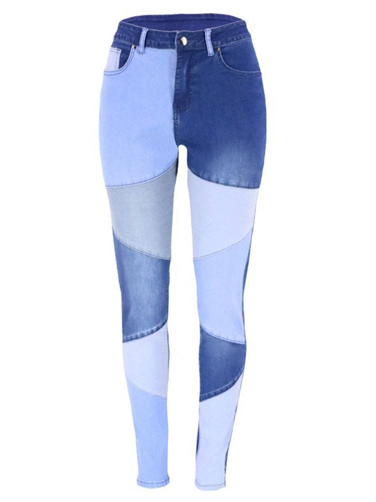 Two-tone Patchwork Hipster Cotton Washed Denim High-waisted Jeans - Thingy-London