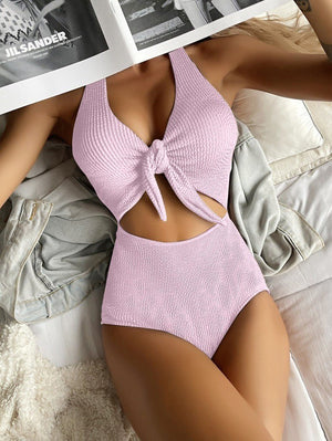 Sexy einteiliger Badeanzug mit V-Ausschnitt und Schleife in Volltonfarbe