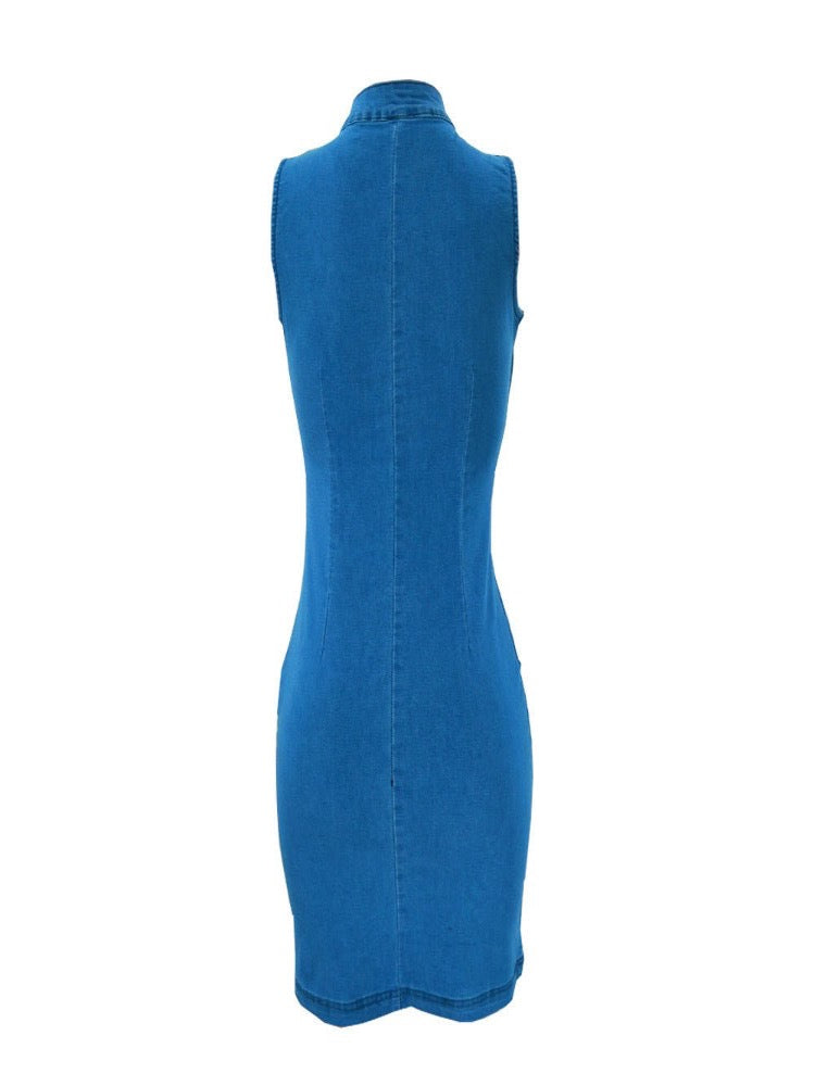 Washed Mid Blue Zip Up Collar Detail Denim Dress - Thingy-London