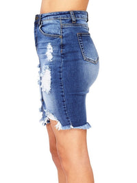 Washed Split Front Denim Mini Ripped Skirt - Thingy-London