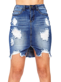 Washed Split Front Denim Mini Ripped Skirt - Thingy-London