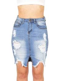 Washed Split Front Denim Mini Ripped Skirt - Thingy-London