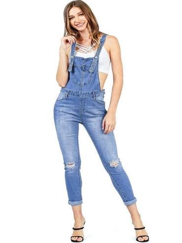 Washed Strappy Back Detail Denim ripped Jumpsuit - Thingy-London