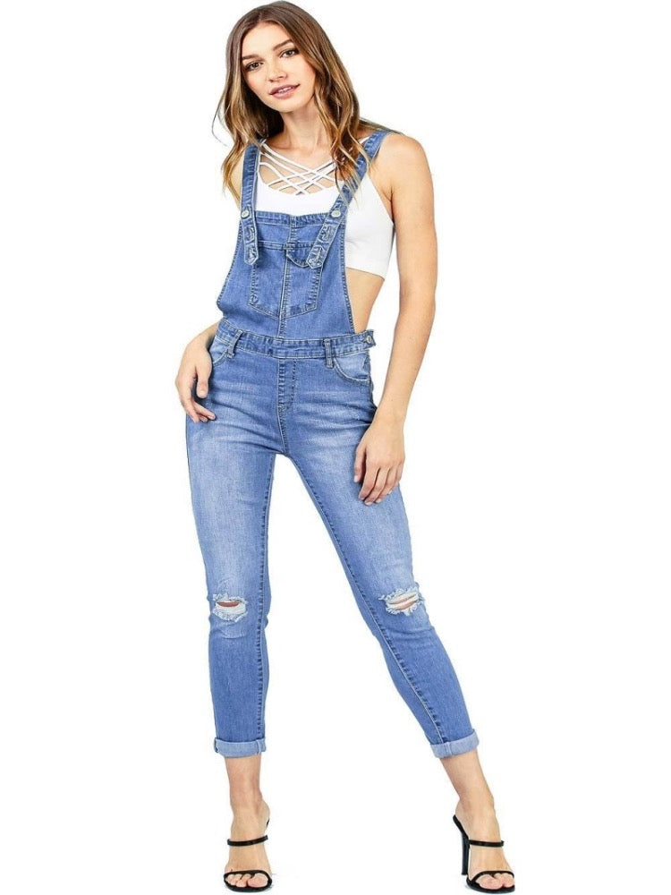 Washed Strappy Back Detail Denim ripped Jumpsuit - Thingy-London