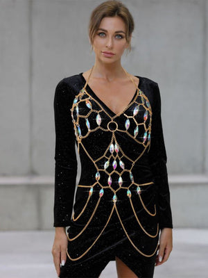 Women Fashion Crystal Full Body Chain Harness Hollow Bra Chain