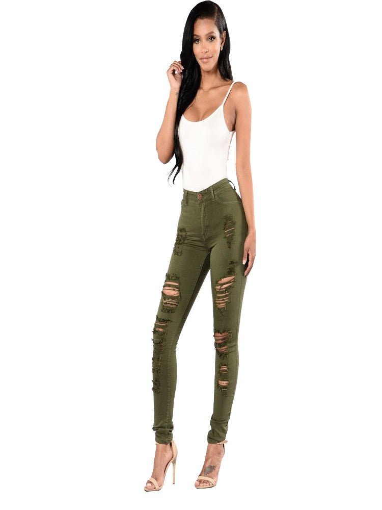 Women Multi-color High Elastic Ripped Long Leg Jeans - Thingy-London