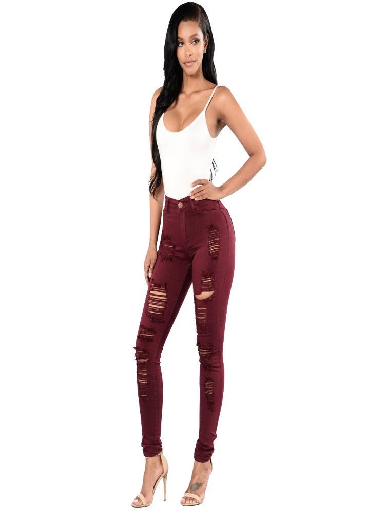 Women Multi-color High Elastic Ripped Long Leg Jeans - Thingy-London