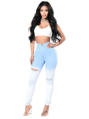 Women's bleached blue and white gradient ripped high-waisted jeans