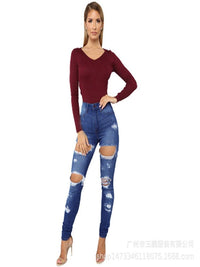 Women's Fashion High Elastic Hip Lift Ripped Jeans - Thingy-London