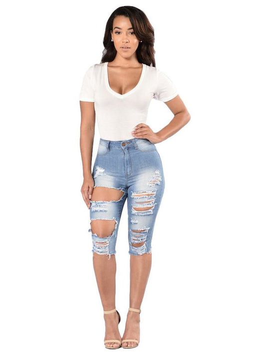 Women's Fashion High Elastic Hip Lift Ripped Jeans - Thingy-London