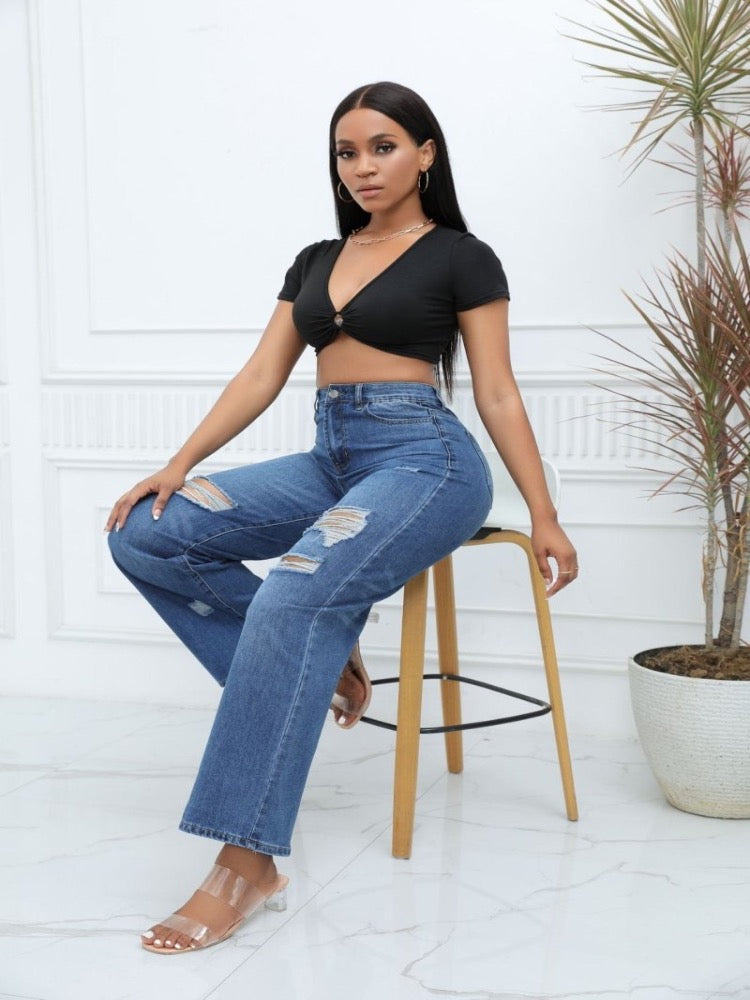 Women's Irregular Ripped Mid-rise Jeans - Thingy-London