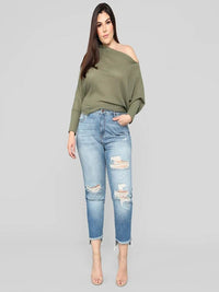 Women's Irregular Ripped Mid-rise Jeans - Thingy-London