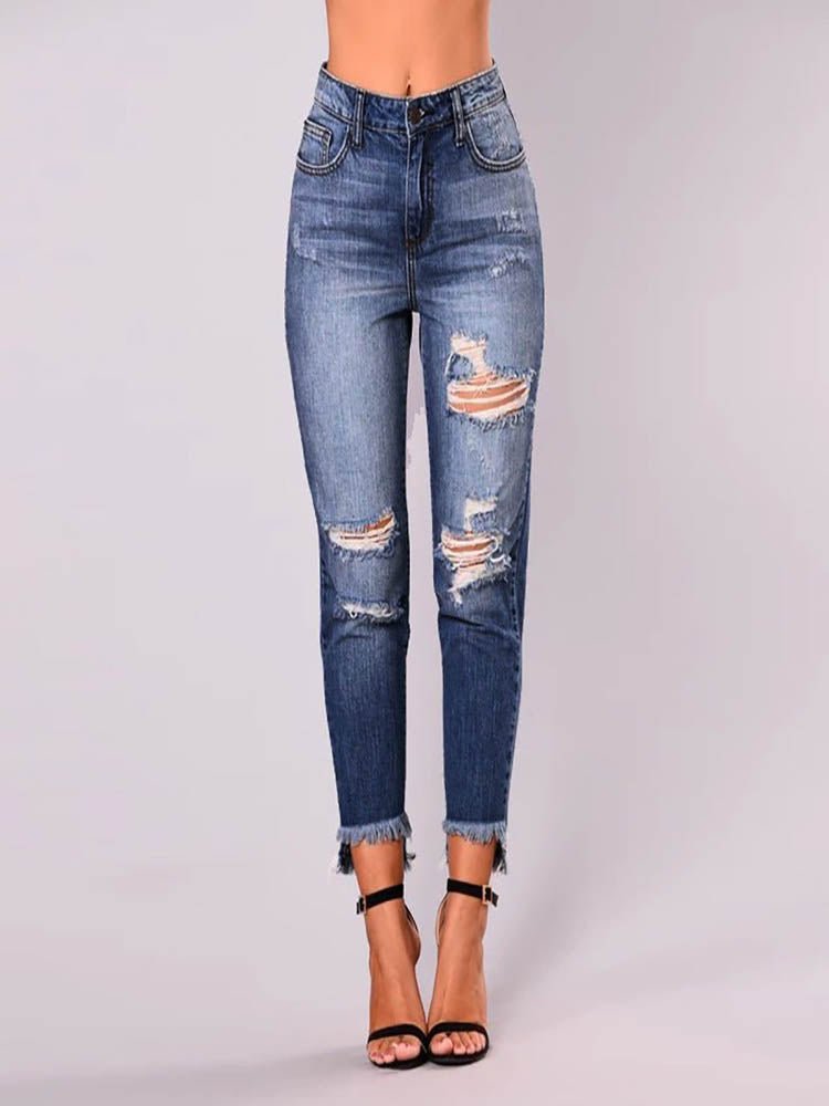 Women's Irregular Ripped Mid-rise Jeans - Thingy-London