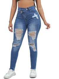 Women's Irregular Ripped Mid-rise Tight Jeans - Thingy-London