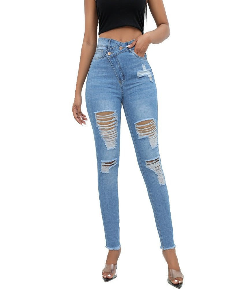 Women's Irregular Ripped Mid-rise Tight Jeans - Thingy-London